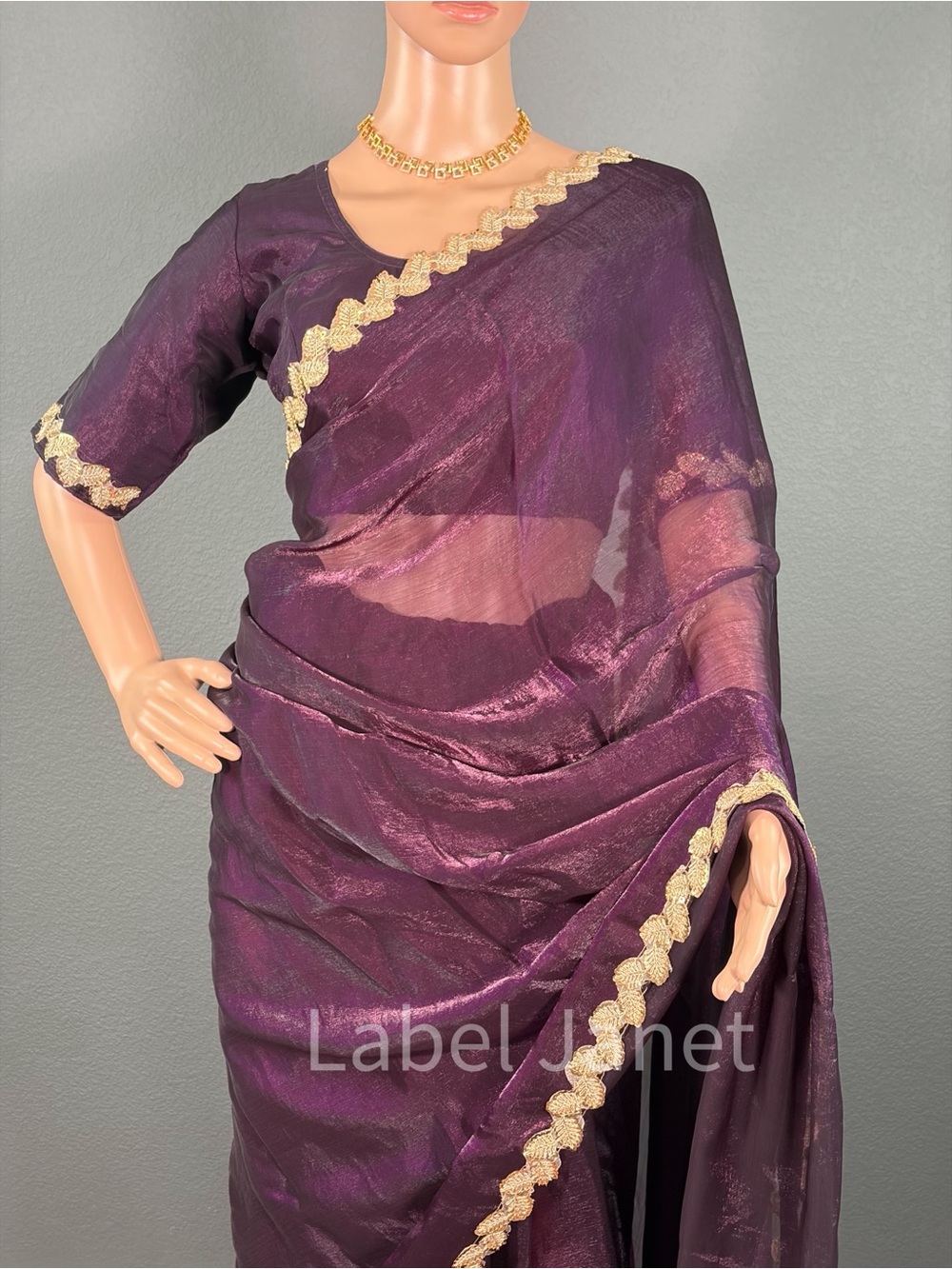 Sheer Plum  space silk Saree with Gold Trim with stitched blouse (Brand New)